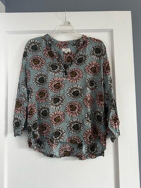 LOFT Dusty Blue Floral Split-Neck Blouse